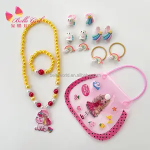 BELLEWORLD Tas Kemasan PVC Anak Perempuan, Anting-Anting Set Kalung Manik-manik Grosir Kalung Permen Karet untuk Anak Kecil Perempuan