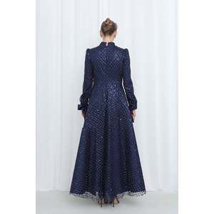 Robe de soirée Puane pour femme, bleu marine, en maille à sequins brodée, coupe trapèze, manches longues avec poignets en satin, robe de cérémonie pour mariages et bals de promo - Product Image 5