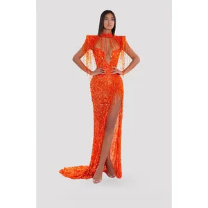 A8216 Factory Price Orange Long Women Prom Dress Sequined Tassel Sexy Backless Ladies Party Maxi Dress