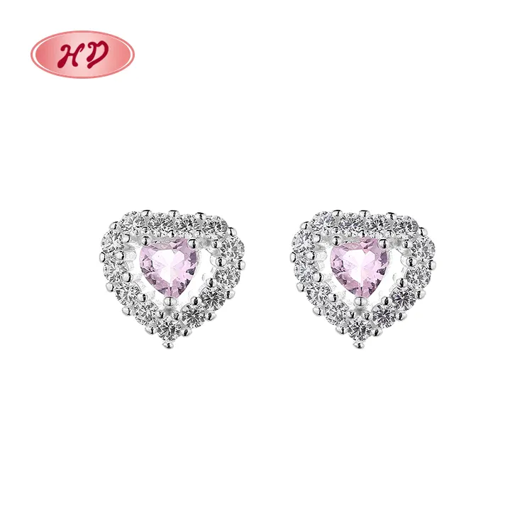 Brincos de coração de zircônia cúbica, modernos, rosa, minúsculo, joias, s925, prata esterlina 2023