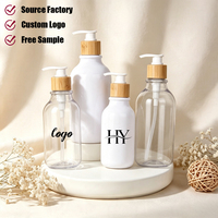 Botol Kosong Plastik 300ml 500ml untuk Sabun Mandi, Botol Pompa Lotion Bambu untuk Sampo dan Kondisioner, Sampel Gratis
