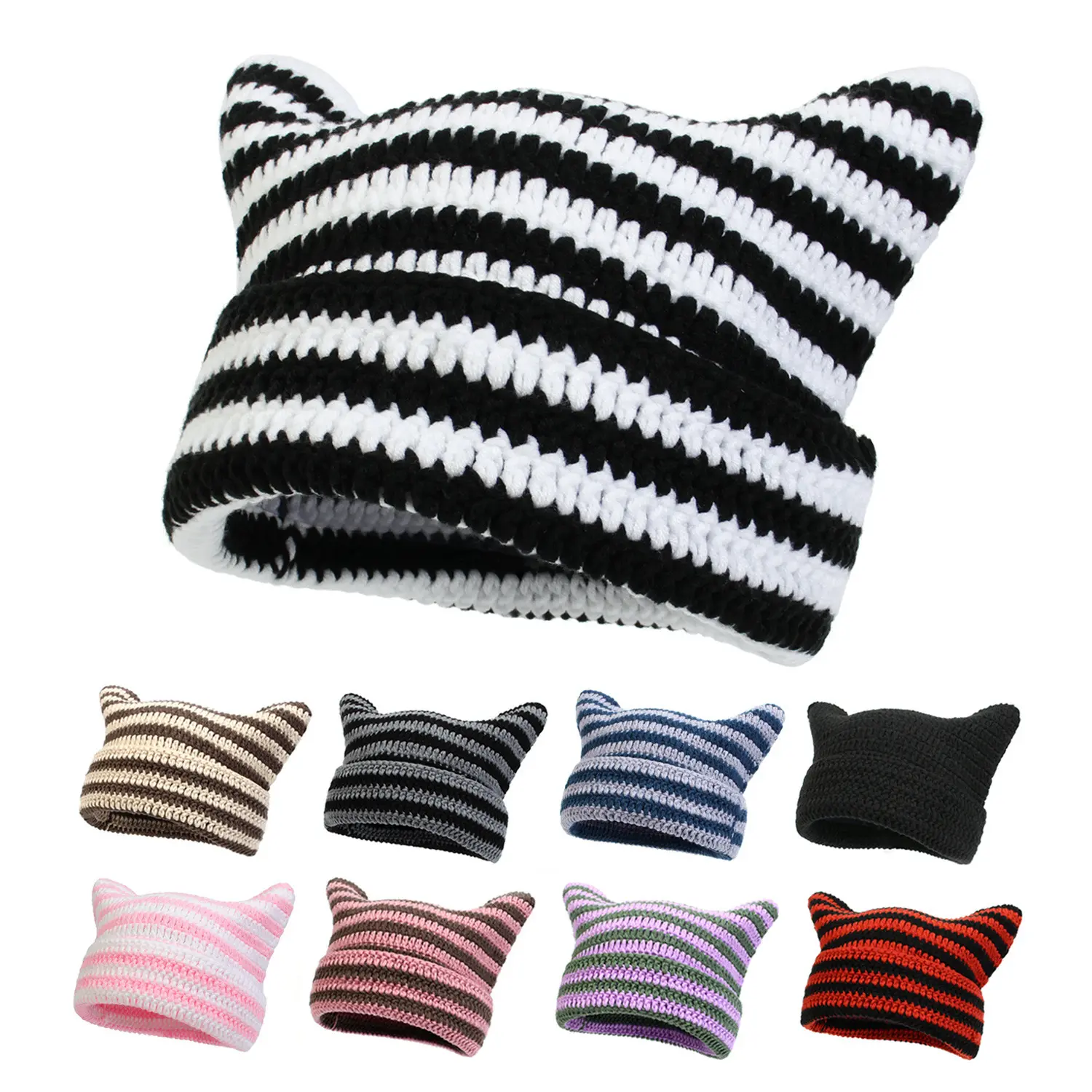 Wholesale Custom Imp Handmade Crocheted Wool Striped Hat Cute Cat Ears Casual Warm Hat Knitted Beanie Hat