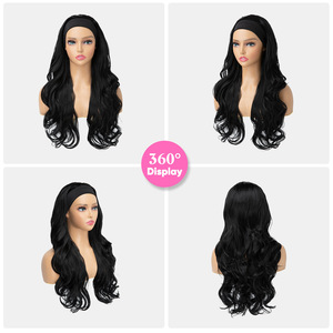 <span class=keywords><strong>Perruque</strong></span> mi-tête <span class=keywords><strong>synthétique</strong></span> longue et bouclée style européen-américain noir pour femme, avec foulard intégré, pour le commerce international - Product Image 4
