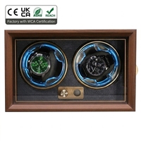 Boîte à remontoir de montres double de luxe, boîtier rotatif automatique pour montres, finition grain de noyer noir avec lumière LED bleue, moteur silencieux