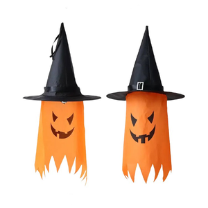 Chapeau de sorcière lumineux et coloré pour décorations de fête d'Halloween avec accessoires de scène, chapeau de magicien à bord festonné et pendentif fantôme - Product Image 3