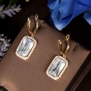Hibide ต่างหูแฟชั่นสำหรับผู้หญิงดีไซน์สี่เหลี่ยมลูกบาศก์เซอร์โคเนียสีขาวสำหรับ E-566สาว - Product Image 5