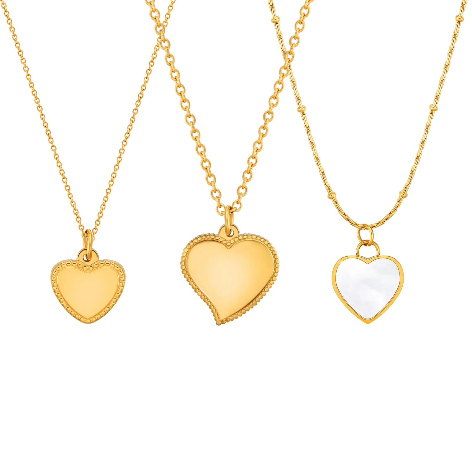 KRKC 1MM Adjustable Cable Chain PVD 18K Real Gold Plated 316L Stainless Steel Heart Pendant Mother of Pearl Necklaces for Women