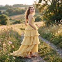 Robe de soirée jaune à volants étagés, bretelles spaghetti, en mousseline plissée, longue, superposée, avec traîne, pour soirée et bal de promo 2026