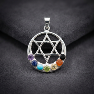 Circle Pendant With Star Of David And Seven Gemstones Inlayed For Chakra Healing - Product Image 2