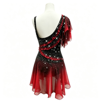 Robe de patinage artistique noire et rouge à volants asymétriques avec strass pour filles et femmes adultes