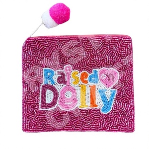 Raised Dolly Embroidered Beaded Coin <b>Purse</b> Rectangular Shape Handmade Cotton Wallet with <b>Pink</b> Pom Pom Accent for Halloween Party - Product Image 1