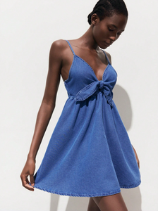 Kadınlar bayanlar mavi Jean Denim elbise seksi kravat-ön Mini elbiseler bahar yaz giyim - Product Image 3