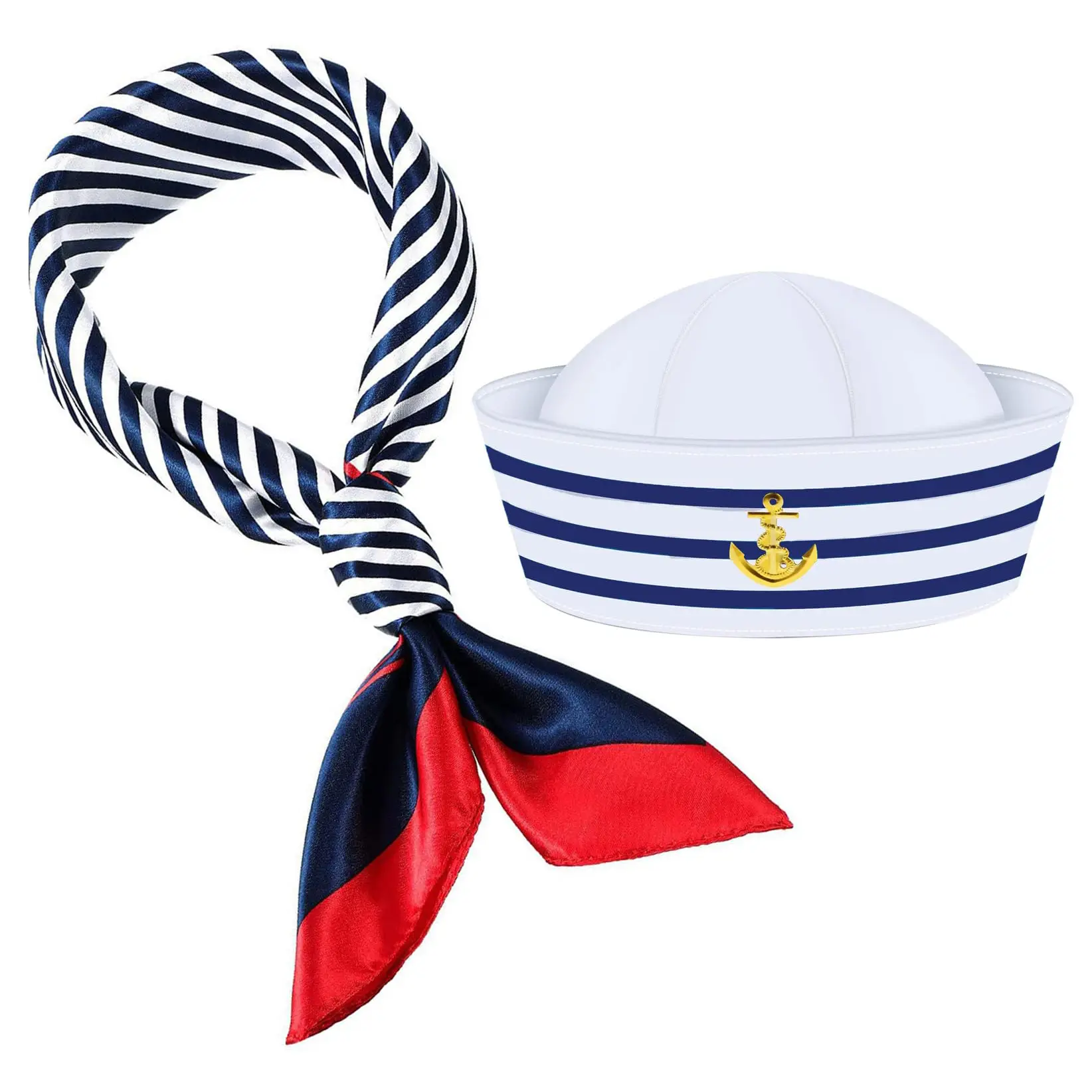 New Fashion Party White Yacht Hat Wholesale Sailor Custom Blue and white striped Captain Hat with silk scarf