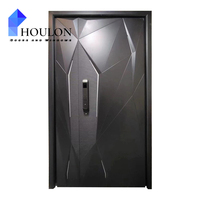 Porte d'entrée double géométrique futuriste avec accent LED, serrure intelligente et sécurité renforcée pour villa