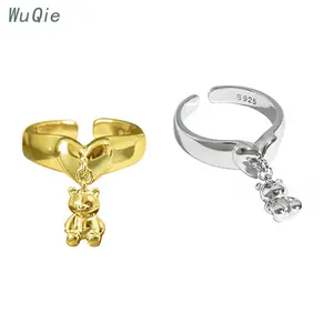 Wuqie Fashion Love Heart Dangle Bear Ring 925 Silver Cute Bear Jewellery Womens Ring