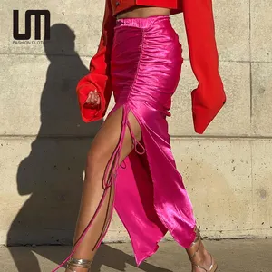 Falda Midi de satén con cordón para mujer, falda Sexy de cintura alta fruncida, con abertura, para otoño e invierno, Y2K