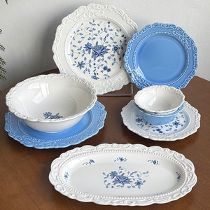 Vajilla de cerámica en relieve Vintage francés, juego de platos de cena azul, cuenco de sopa de porcelana Floral, platos para servir para Cocina - Product Image 1