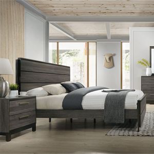 Wood Grain <b>Double</b> <b>Bed</b> Dark Gray Platform <b>Bed</b> Frame With Raised Headboard For Adults And Elderly - Product Image 3