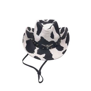 Retro Western Cowgirl Cowboy <b>Hat</b> Cow Pattern Style Straw <b>Hats</b> White Wide Brim <b>Hat</b> - Product Image 1