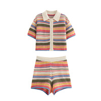 Chemisier cardigan rayé à manches courtes boutonné pour femme, en polyester 100 % anti-boulochage, pour ensemble décontracté avec short taille haute