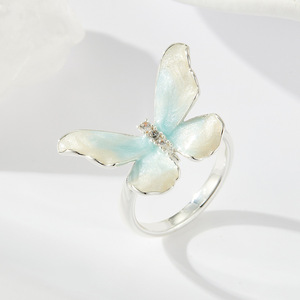 Butterfly Open Ring Adjustable Women's Ring Light Blue Enamel Insect Theme Gift Jewelry - Product Image 4