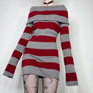 סרוג שמלת off-כתף Bodycon שמלת וינטג אסתטי Y2k גראנג 'בגדי נשים ארוך שרוול קיץ 1 חתיכה מזדמן שמלות - Product Image 6