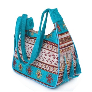 Tasseled-bolsa con crema y turquesa, tela turca con estampado Kilim De Turquía - Product Image 1