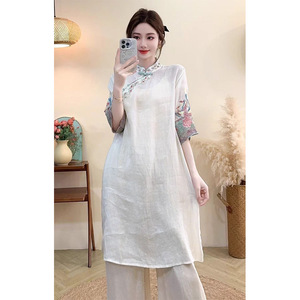 Traditional Chinese Style Embroidered Linen Dress Women Mid Length Light Pink With Floral Pattern Summer Wear - Product Image 3