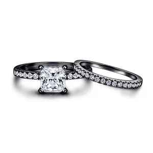 Custom Black Gold Rings Sets Princess Cut Diamond Non Fading Price Per 10/14/18k Gold Couple Ring Sets