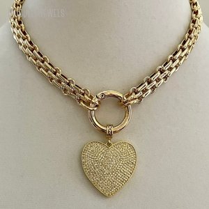 NM44338 Chunky Multilink Mosquetón Collar Brillante Chapado en Oro Texturizado Cadena Collar Micro Pave Corazón Colgante Primavera Cierre - Product Image 6