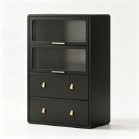 Commode de présentation en métal noir, 2 compartiments transparents en verre rabattables et 2 tiroirs, rangement écologique avec revêtement en poudre