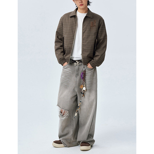 High Quality Fashion Elastic Hem <strong>Men</strong> Cropped Lightweight Letter Embroidery Cotton <strong>Jacket</strong> Check Plaid <strong>Long</strong> Sleeve Man <strong>Jacket</strong> - Product Image 2