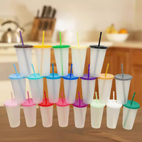 Gobelet en plastique PP écologique de 710 ml, transparent avec finition givrée, grande capacité, avec couvercles et pailles