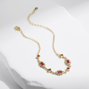 S925 silver Women's 18K Solid Gold Ruby <b>Bracelet</b> With Baguette Cut Diamonds Geometric Chain Link Classic Everyday Wear - Product Image 4