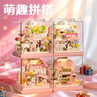 Blocs de construction miniatures pour la boutique Flower Cat Cafe, kit de maison de poupée miniature avec housse anti-poussière, blocs empilables pour vue sur la rue