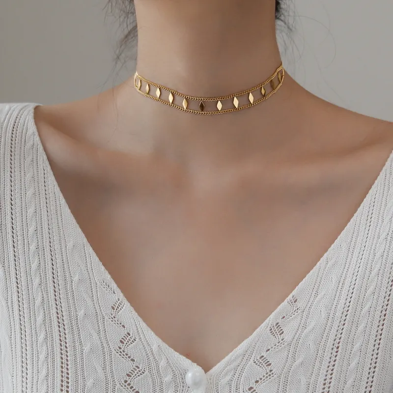 Pop Art Rhombus Sequin Choker Vòng Cổ Cho Phụ Nữ Lady 18 K Mạ Vàng Titan Thép Trang Sức Quà Tặng Thời Trang Nhà Máy Bán Buôn