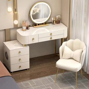 Tocador de maquillaje pequeño con espejo, juego de mesa de tocador blanco, rosa y gris con cajón de almacenamiento para dormitorio - Product Image 1