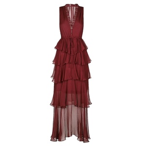 <span class=keywords><strong>Abito</strong></span> da sera <span class=keywords><strong>lungo</strong></span> Maxi con scollo a v senza maniche in Chiffon increspato <span class=keywords><strong>bordeaux</strong></span> elegante da <span class=keywords><strong>donna</strong></span> - Product Image 1