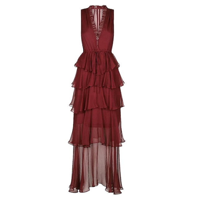 Women Elegant Burgundy Crinkle Chiffon Sleeveless V-neck Tiered Ruffle Long Maxi Evening Dress