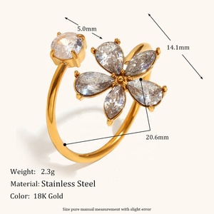 Dingran gioielli gioielli gioielli gioielli in acciaio inox placcato oro fiori zircone anelli aperti per le donne - Product Image 3