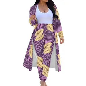 Polynesian Tribal Hawaiian Purple Hibiscus Flower 2024 Monster Leaves Print Custom Women Pants 2 Piece Sets Kimono Cardigan