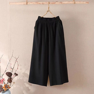 Women's Cotton Linen Wide Leg Pants Solid Color <b>Elastic</b> Waist Loose Fit Casual Seven Point Pants Plus Size - Product Image 4