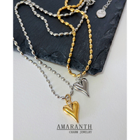 Collier ras du cou en acier inoxydable plaqué or 18 carats, pendentif cœur poli miroir bicolore, chaîne courte contrastante