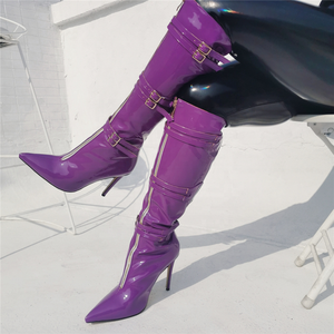 Grande Formato 47 Viola Delle Donne di Punta a punta Sotto Il Ginocchio Estate <span class=keywords><strong>Stivali</strong></span> <span class=keywords><strong>Con</strong></span> Chiusura Zip Anteriore <span class=keywords><strong>Con</strong></span> Tre Fibbie Sottile di Alta Tacco <span class=keywords><strong>stivali</strong></span> per Le Donne - Product Image 1