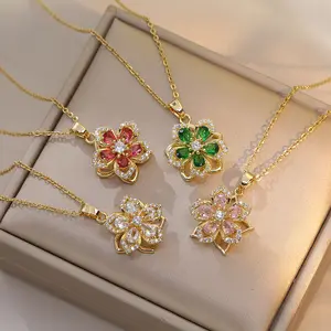 High quality custom zircon crystal diamond necklace luxury gold flower rotating stainless steel necklace jewelry for women