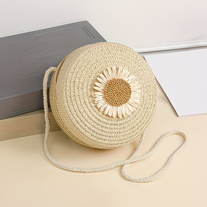 Bolsa Transversal de Palha Redonda Estilo Boêmio para Meninas, com Design Geométrico Aberto, Ideal para Férias na Praia – Atacado - Product Image 4