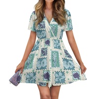 Robe d'été décontractée à col en V, longueur genou, manches courtes, respirante, pour les vacances à la plage (spandex/polyester) - Fabrication sur demande