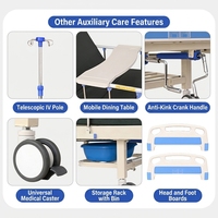 Lit médical manuel à 2 fonctions avec barrières personnalisables, poteau porte-perfusion et table repas pour personnes âgées et soins aux patients