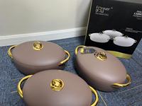 Nouvel ensemble de chauffe-plats ovales isolés 2L+2.5L+3L avec verrouillage magnétique, cocotte pour usage domestique en Afrique, bord doré