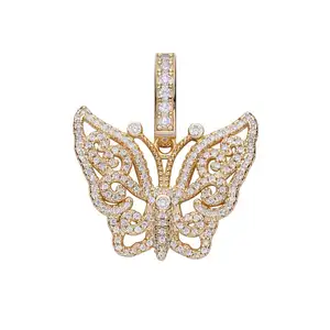 Fashion style bling custom hip hop charms jewelry 14k gold plated fully iced out bling diamonds butterfly silver pendant